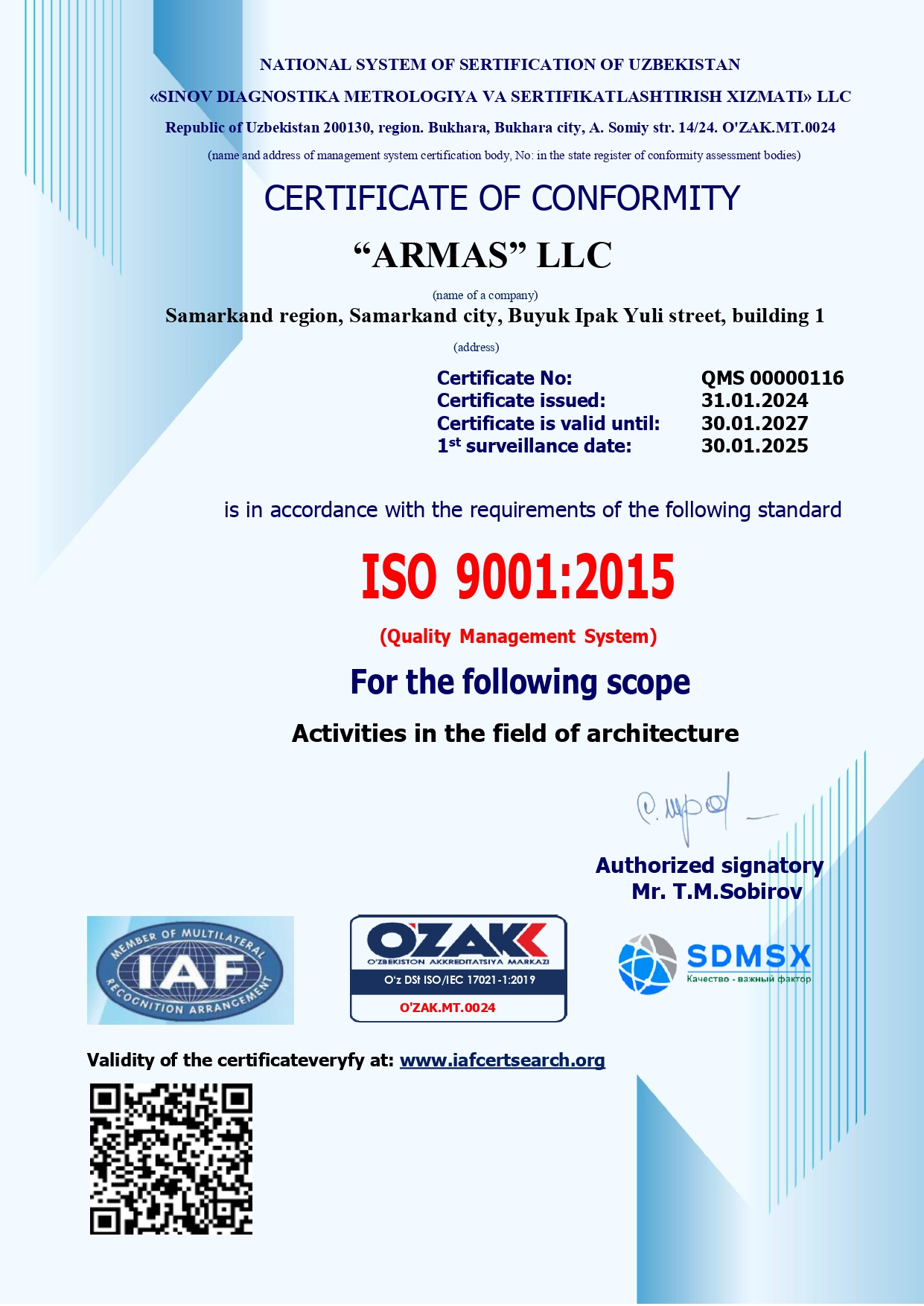 Сертификат соответствия системы менеджмента качества (ISO 9001:2015) — ООО «ARMAS»