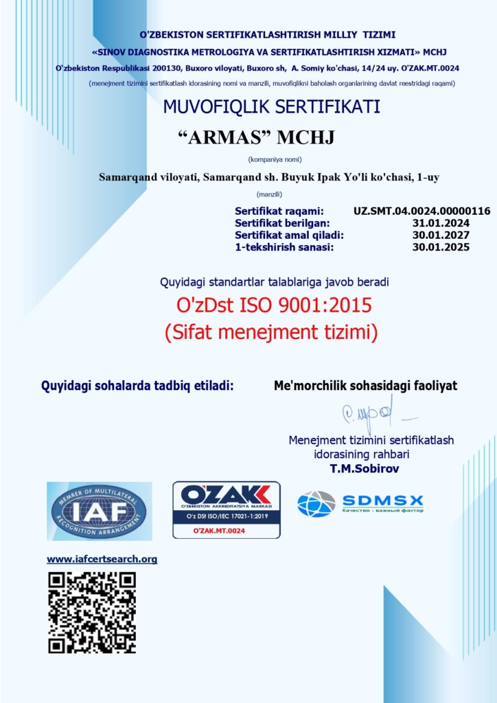 Сертификат соответствия системы менеджмента качества (O’zDst ISO 9001:2015) — ООО «ARMAS»