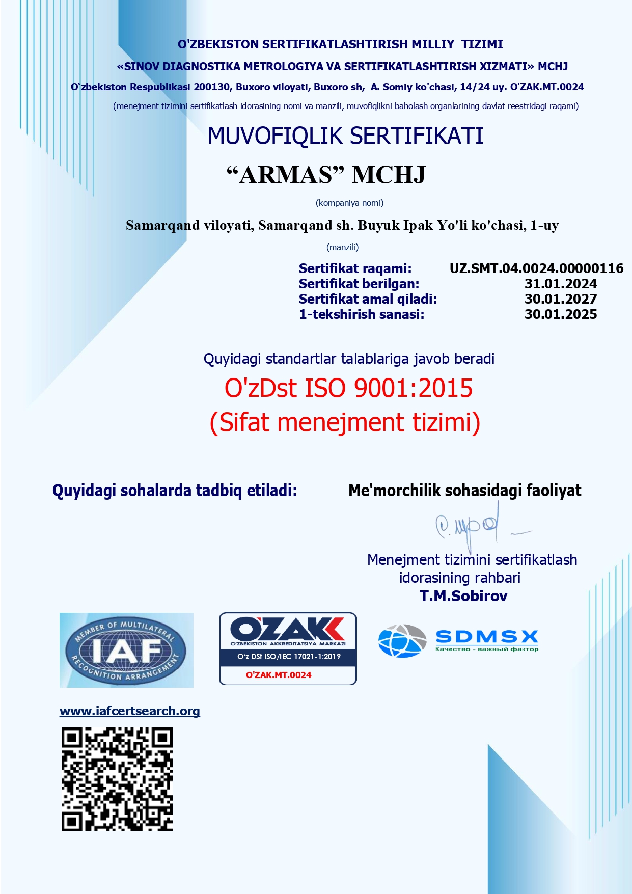 Сертификат соответствия системы менеджмента качества (O’zDst ISO 9001:2015) — ООО «ARMAS»